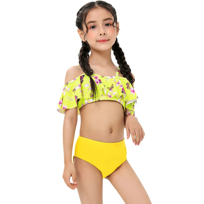 Wholesale sweet lovely anti-uv shoulder strap design ruffle-strap two piece kid bikini floral print swimwear for girl kids