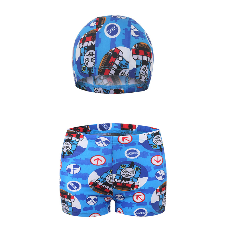 Children Swimsuit Boys Swim Trunks Cartoon Print Kids Swimwear Shorts Caps